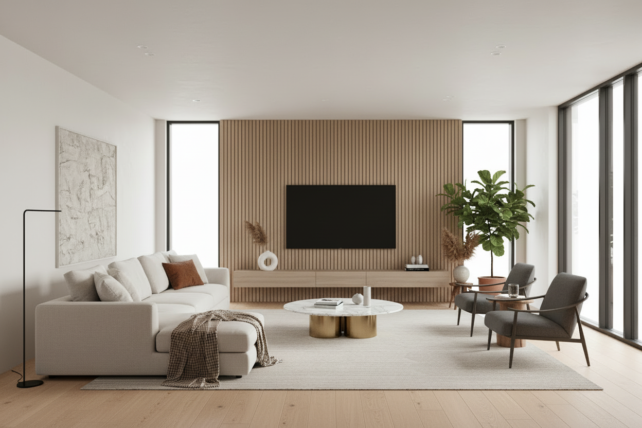 Interior de sala minimalista e moderna com madeira